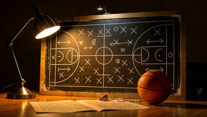 A school blackboard shows a chalk drawing with a basketball and a pumpkin, blending sport and autumn holiday design elements on a dark frame