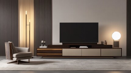 Modern, minimalist living room entertainment center.