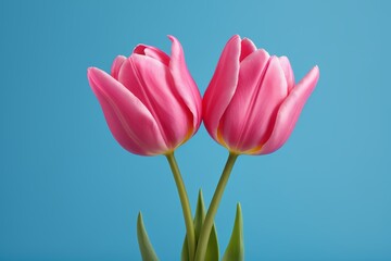 Fototapeta premium there are two pink tulips in a vase on a blue background