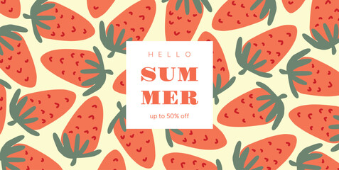 Seamless pattern of bright Strawberries with green leaves on light background. Hello Summer text in center. Flat colorful vector illustration for promo, web, poster, banner design.