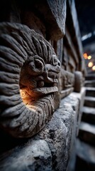 Maya feathered serpent deity Kukulkan depicted alongside a stepped pyramid stone