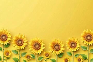 Fototapeta premium Pastel yellow with cartoon sunflowers swaying at the bottom edge