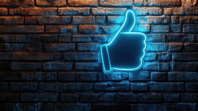 Neon Thumbs Up Sign Brick Wall Night