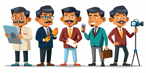 Indian Journalist Characters: Middle-aged, average build, in reporting poses like interviewing, taking notes, and presenting news
