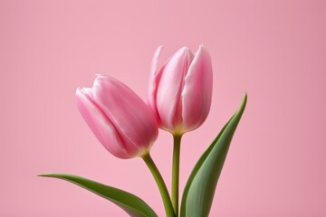 Fototapeta premium there are two pink tulips in a vase on a pink background