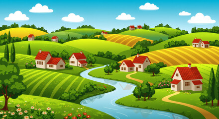 Obraz premium Colorful Countryside Landscape. Scenic Village with Hills, Trees, and Traditional Houses.