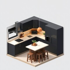 Fototapeta premium Modern Dark Kitchen Interior Design Isometric View with Island Appliances Lighting