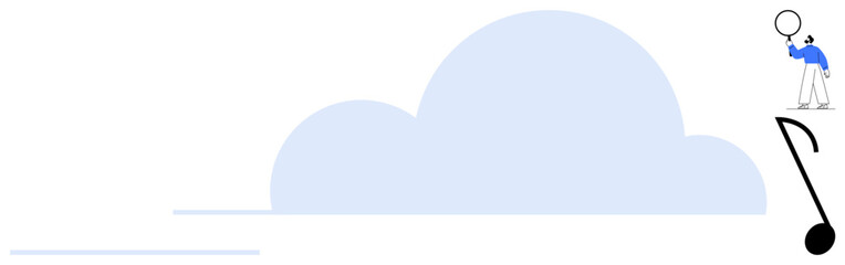 Person stands on a giant musical note while holding a magnifying glass, with a blue cloud design in the background. Ideal for creativity, music, discovery, inspiration, exploration, education, simple