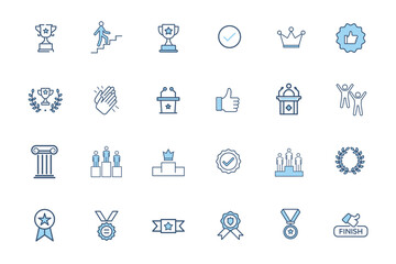 Awards and Success Blue Line Icons. Pixel Perfect. Contains such icons as Thumbs Up, Medal Badge with ribbons, Crown, Check Mark, Podium Tribune, Laurel Wreath, Architectural Column, Trophy Award