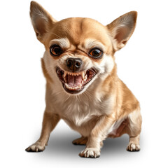Obraz premium small, aggressive looking dog with tan coat and large ears displays its teeth in fierce expression. dog appears ready to defend its territory, showcasing its alertness and energy