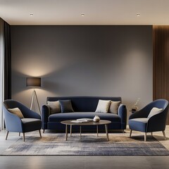 modern living room mock up with dark blue sofa, armchairs near coffee table, modern rug, floor lamp and empty gray wall, luxury living room interior background, 3d rendering