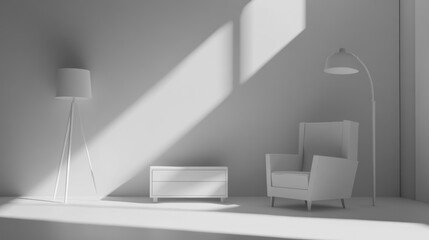 Modern minimalist interior design, sunlit room.