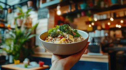 Healthy bowl of couscous topped with broccoli, peppers, and creamy dressing served in a vibrant cafe setting