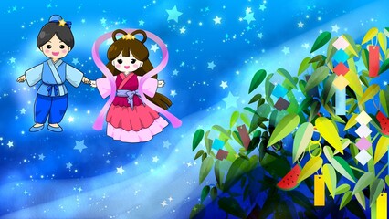手描きのかわいい七夕祭り背景壁紙イラスト
