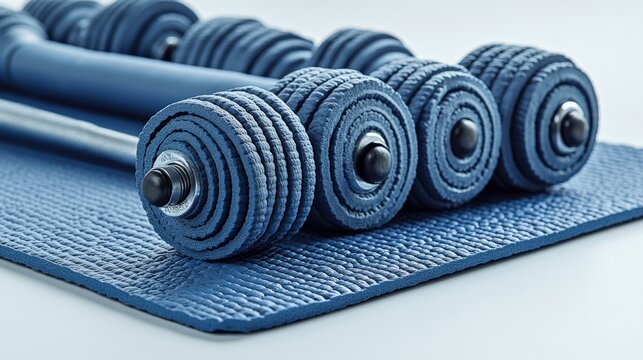 Close-up of blue dumbbells on a textured exercise mat, showcasing fitness equipment for workouts