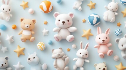 A collection of stuffed animals and balls, creating a playful and colorful scene.