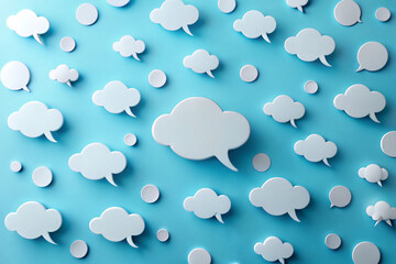Fototapeta premium Powder blue with floating quotation marks and speech bubbles