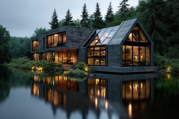 Fototapeta premium Modern home reflecting in lake surrounded by trees in the evening