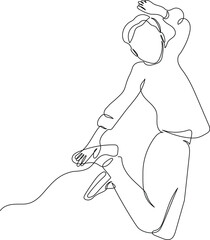 Kid jumping, happy kid jumping for joy in continuous line art drawing style. Black linear sketch isolated on white background. Vector illustration 