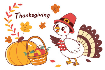 Naklejka premium 45 Thanksgiving illustration, colorful cartoon style, white turkey, pumpkin, basket of harvest vegetables, autumn leaves, festive composition, sticker design, white background, holiday theme, vibrant 