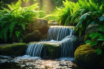 Naklejka premium A small tropical waterfall flowing over mossy rocks,