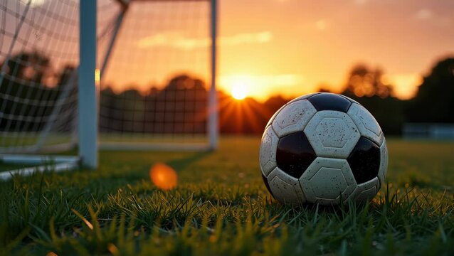 A soccer ball nestled in the goal net on a vibrant grass field as the sun sets in the background, creating a beautiful moment of sports action and tranquility. - Powered by Adobe