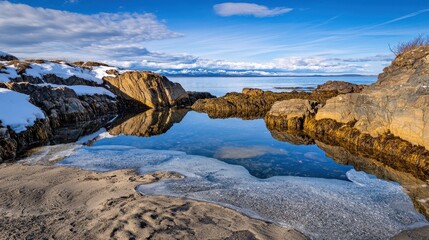 Tranquil Coastal Scene with Reflections in Water Surrounded by Rocky Outcrops and Snowy Landscapes Under a Clear Blue Sky