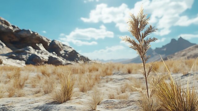 Sunlit desert landscape with mountains and dry vegetation under a clear sky - Powered by Adobe