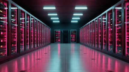 Dark data center with glowing pink neon lights AI supercomputing and telecom server technology visual