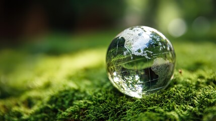 Glass globe placed on lush green moss, embodying environmental awareness and sustainability, ideal for World Wildlife Day representation.