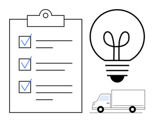 Checklist clipboard with blue ticks, lightbulb symbolizing ideas, and delivery truck. Ideal for innovation, logistics, planning, transportation, creativity efficiency productivity themes. Flat