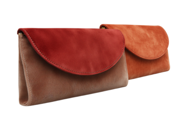 Suede Clutch Bag:  A pair of stylish suede clutch bags in rich red and orange hues, perfect for evening occasions and adding a touch of sophistication to any outfit.