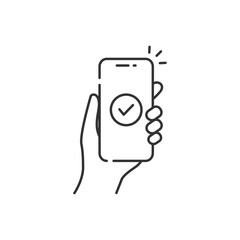 手に持ったスマホとチェックマークのベクターアイコン (線画・モノクロ)