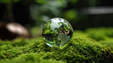 Glass globe placed on lush green moss, embodying environmental awareness and sustainability, ideal for World Wildlife Day representation.