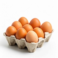Pack of organic brown eggs in a carton on a white surface.