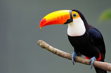 A toucan with its iconic colorful beak, perched on a branch