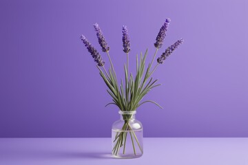 lavender flowers in a glass vase on a purple surface