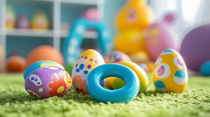 Colorful Decorative Easter Eggs on Green Grass Carpet Indoor Setting