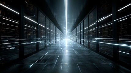 Obraz premium 3D render of network links in dark data center room Connection cloud storage and system processing infrastructure
