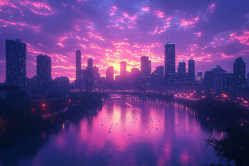 Fototapeta premium Sunrise Over a City with violet sky