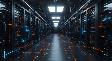 Toma de pasillo en centro de datos en funcionamiento lleno de servidores en rack y supercomputadoras con conexión a Internet. Proyección de visualización.