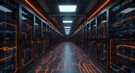 Toma de pasillo en centro de datos en funcionamiento lleno de servidores en rack y supercomputadoras con conexión a Internet. Proyección de visualización.