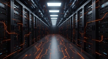 Toma de pasillo en centro de datos en funcionamiento lleno de servidores en rack y supercomputadoras con conexión a Internet. Proyección de visualización.
