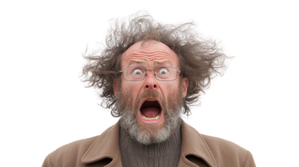 Astonished Gaze: An elderly gentleman with wide eyes, eyeglasses, and tousled hair exhibits visible fear and shock, capturing a moment of surprise or alarm.