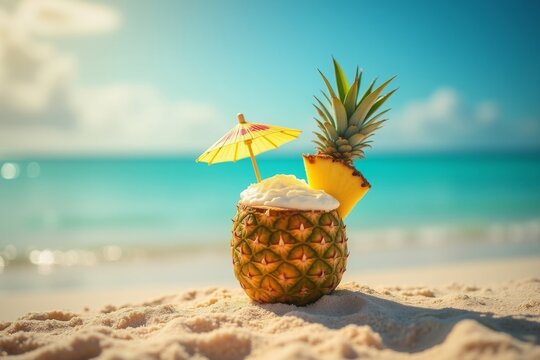 tropical cocktail with pineapple and umbrella garnish, served in a coconut shell, on a sandy beach with a blurred ocean backdrop