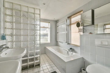 Bright, modern bathroom featuring glass block walls, sleek fixtures, and ample natural light from large windows, creating a spacious and inviting atmosphere.