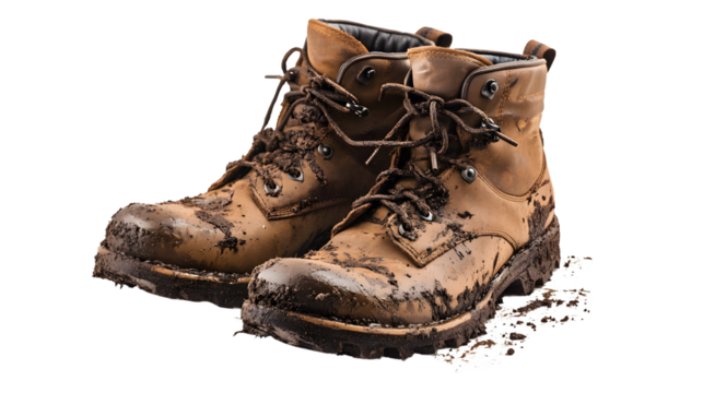Professional Muddy Walking Boots Isolated on White Background for Outdoor Adventures
