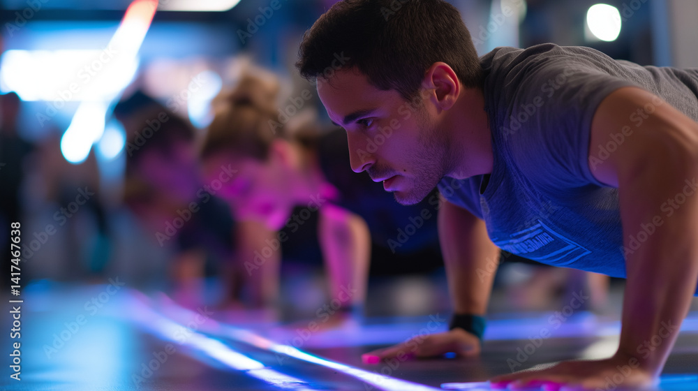 Poster hiit class burpees in dynamic group workout session