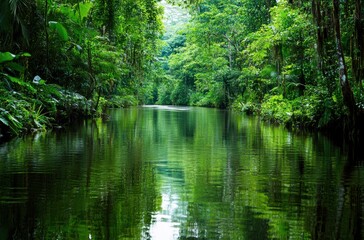 Fototapeta premium A tropical rainforest river winding through dense vegetation,