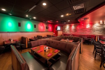 Vibrant Ambiance of a Cozy Restaurant with Red and Green Neon Lighting